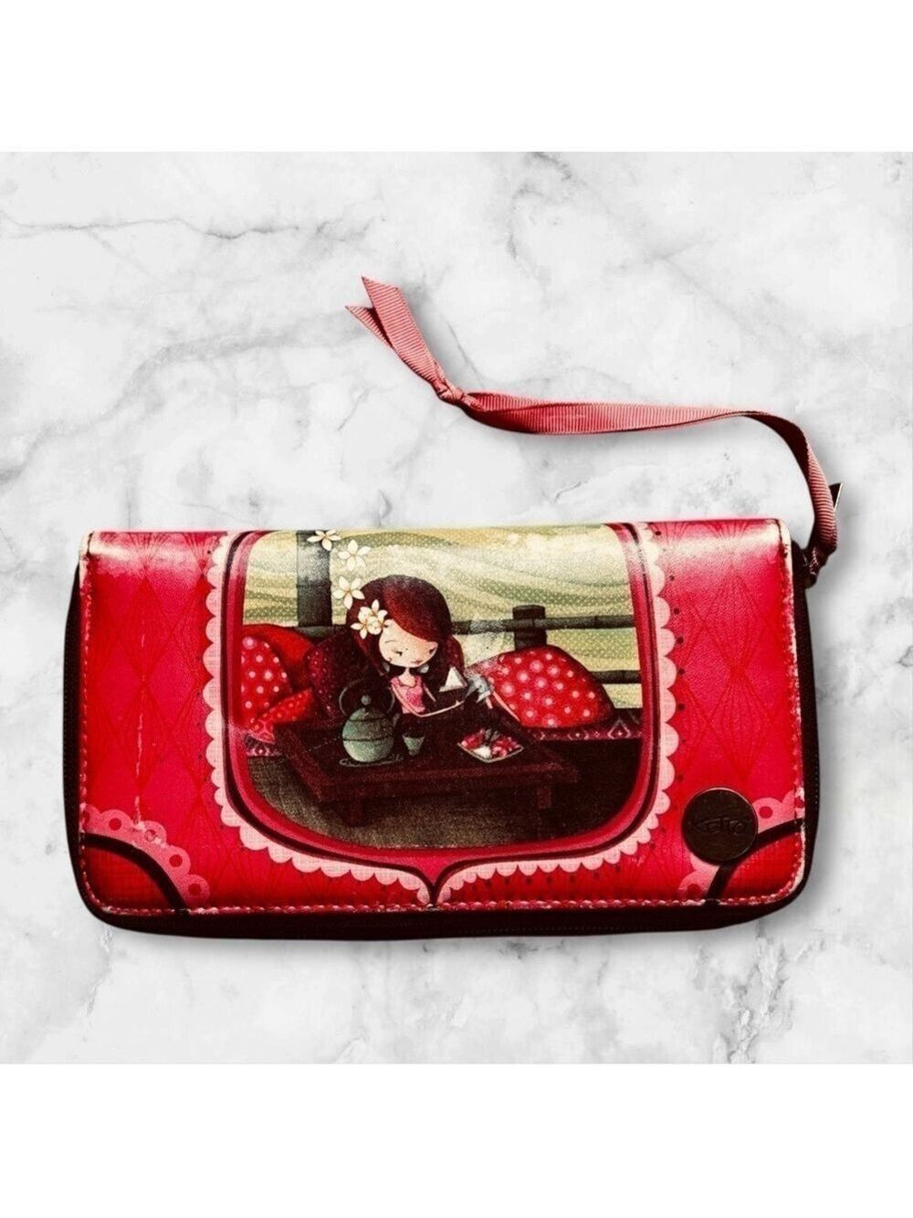Ketto Design zippered compact bifold wallet whimsical art print red vegan